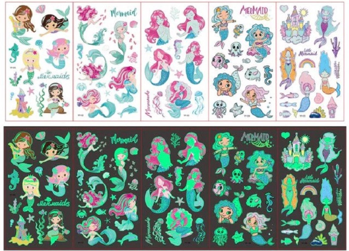 Tattoo kids - Lichtgevend - set - 5 vellen - kindertattoos - Glow in the dark - Zeemeermin - Mermaid - Zeepaardje