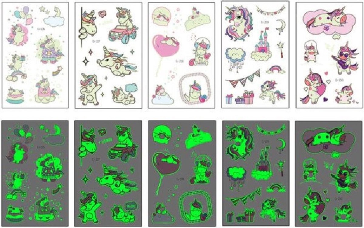 Tattoo kids - Lichtgevend - set - 5 vellen - kindertattoos - Glow in the dark