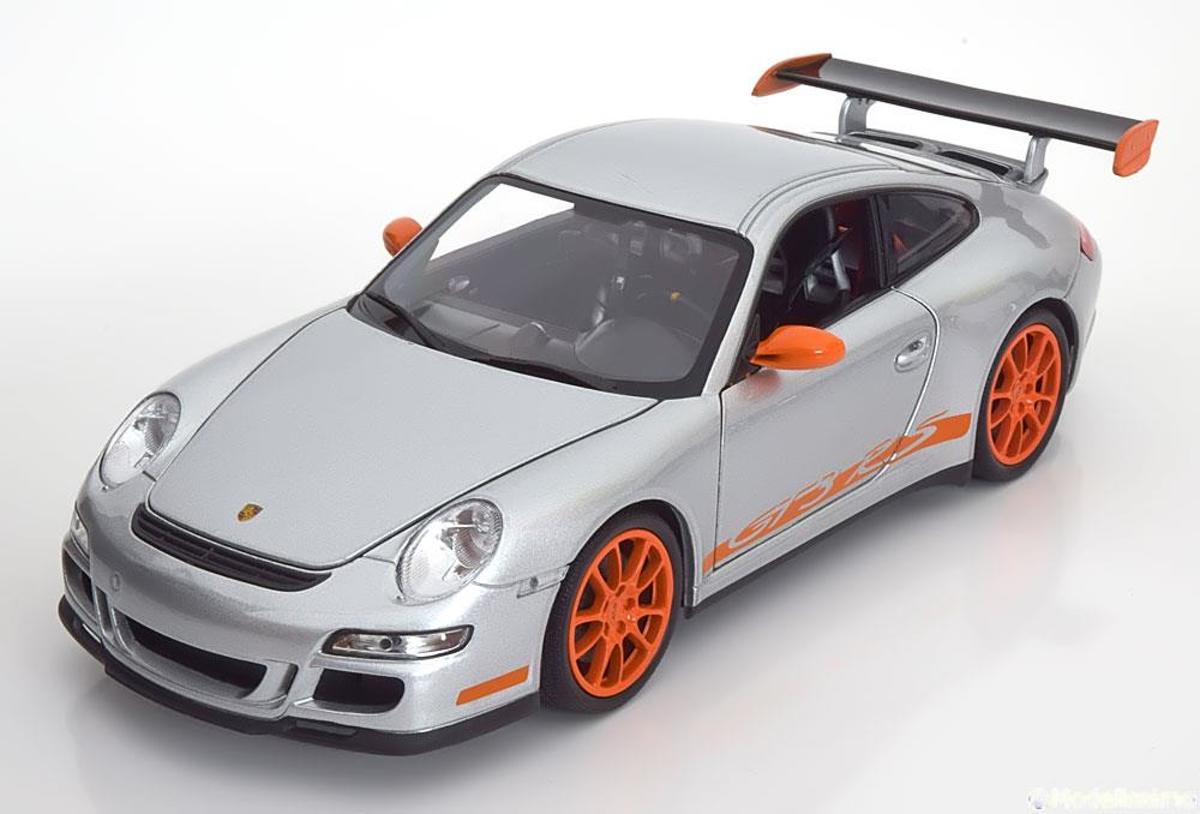 Porsche 911 (997) GT3 RS 2007 Coupe Zilver met Oranje Strepen 1-18 Welly