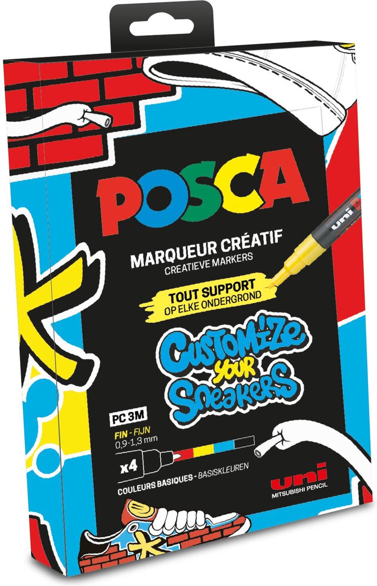 Posca verfmarkers - 0,9 - 1,3mm - customize your sneakers - basiskleuren - set van 4