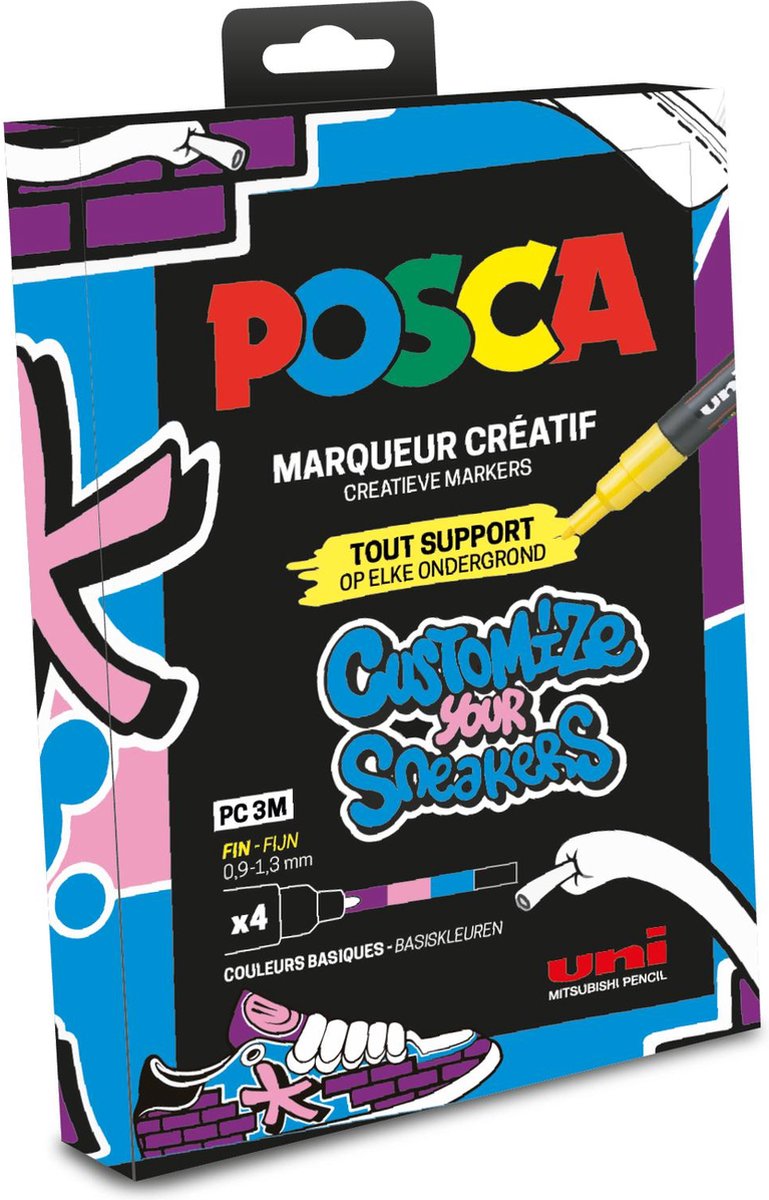 Posca verfmarkers - 0,9 - 1,3mm - customize your sneakers - popkleuren - set van 4