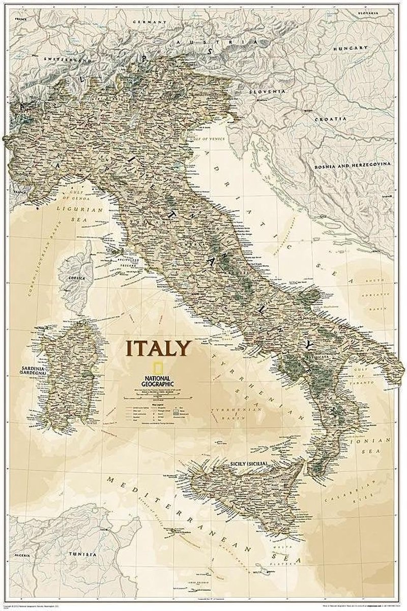 Italië kaart-Italy map-National Geographic-geografie-aardrijkskunde-Rome-Milaan-Engelse tekst-poster 59x87cm.