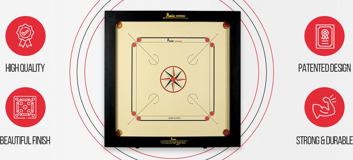 Precise Super Satin 82x82 cm - 8 kgs - 6 mm - Carrom bord - Compleet met Striker Poeder Schijven - Made in India Top Kwaliteit Klasse en Geweldig