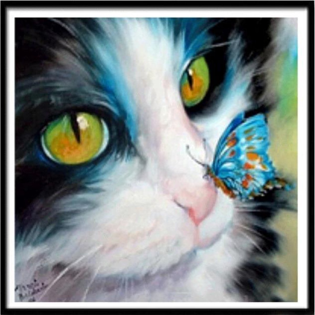 Premium Paintings - Kat Met Vlinder - Diamond Painting Volwassenen - Pakket Volledig / Pakket Full - 40x40 cm