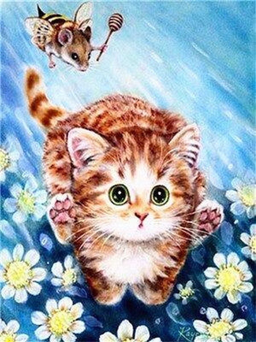 Premium Paintings - Kat en Muis - Diamond Painting Volwassenen - Pakket Volledig / Pakket Full - 30x40 cm