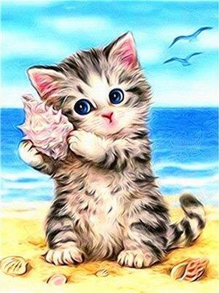 Premium Paintings - Kat op het strand - Diamond Painting Volwassenen - Pakket Volledig / Pakket Full - 30x40 cm