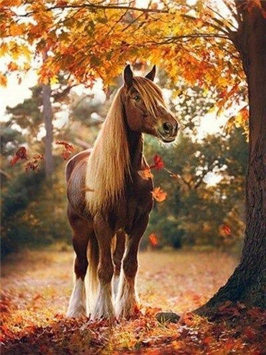 Premium Paintings - Paard onder Herfstboom - Diamond Painting Volwassenen - Pakket Volledig / Pakket Full - 30x40 cm