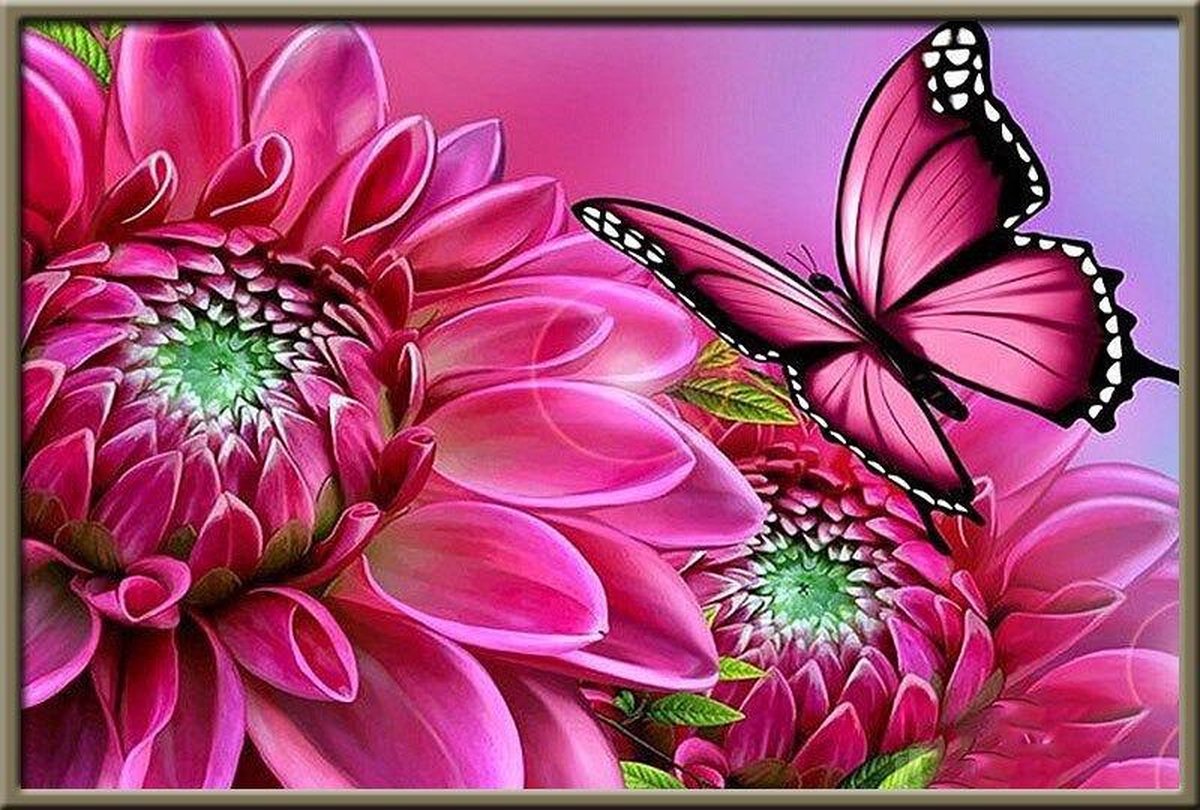 Premium Paintings - Roze Vlinder met Bloem - Diamond Painting Volwassenen - Pakket Volledig / Pakket Full - 30x40 cm