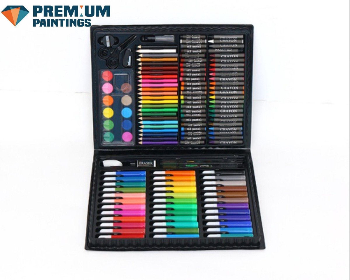 Premium Paintings - Tekendoos set 150 plastic - stiften - kleurpotloden - aquarelverf - pastelkrijtjes - krijt