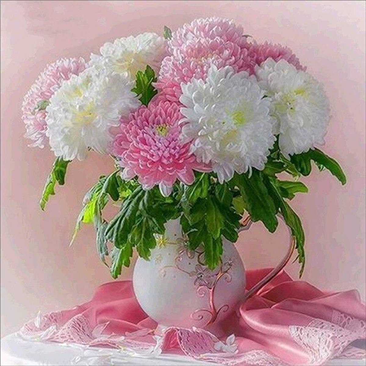 Premium Paintings - Witte en Roze Chrysanten - Diamond Painting Volwassenen - Pakket Volledig / Pakket Full - 40x40 cm