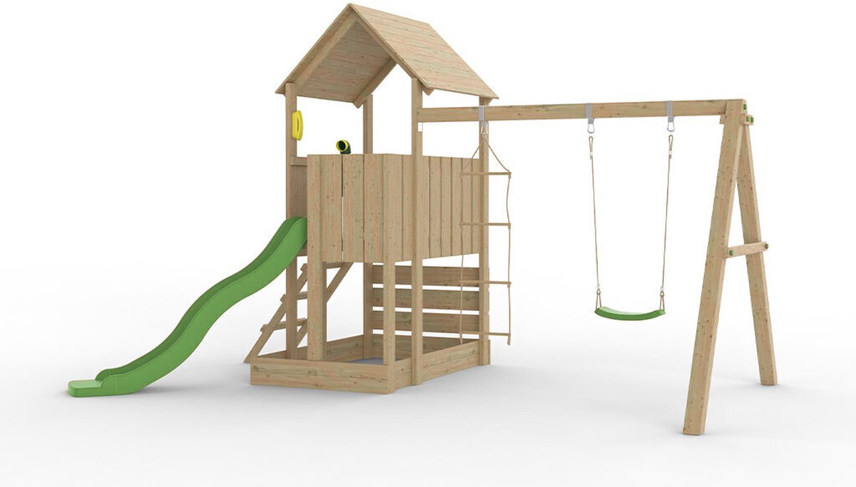 Houten Speeltoestel Jungle Tower + Appel groene glijbaan