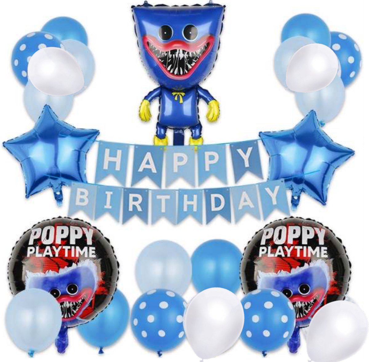 PretPlezier® Wuggy Versiering - Verjaardag- Poppy Playtime – HuggyWuggy / KissyMissy / PoppyPlaytime – 20 stuks – Huggy Wuggy Speelgoed – Compleet Versiering Pakket – Folie Ballon Set -Cartoon - Blauw - Verjaardag Jongen