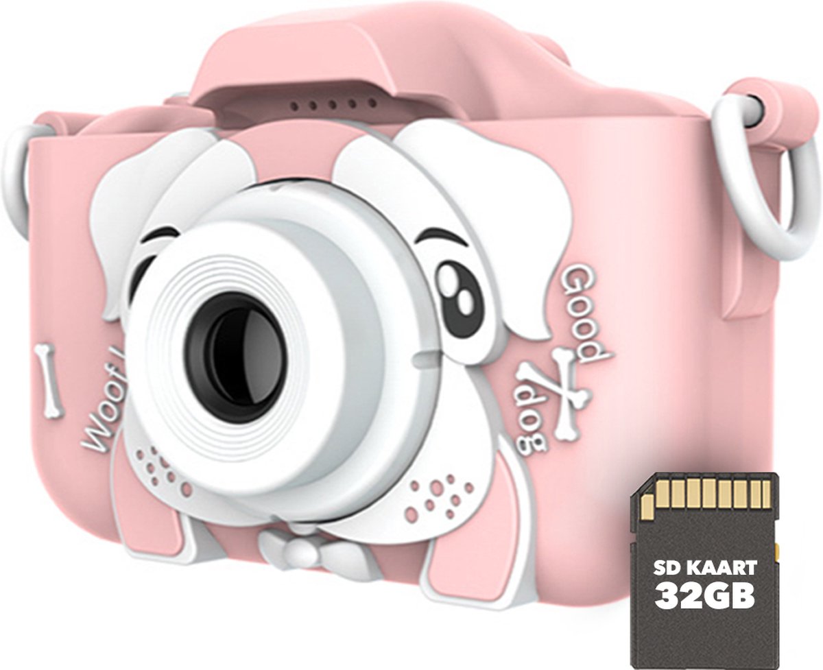 PrimePlay Digitale HD Kindercamera – Met 32 GB Micro SD card - Roze Fototoestel - 2,7 inch Scherm - Vlogcamera met 1080p videofunctie - Hondenprint