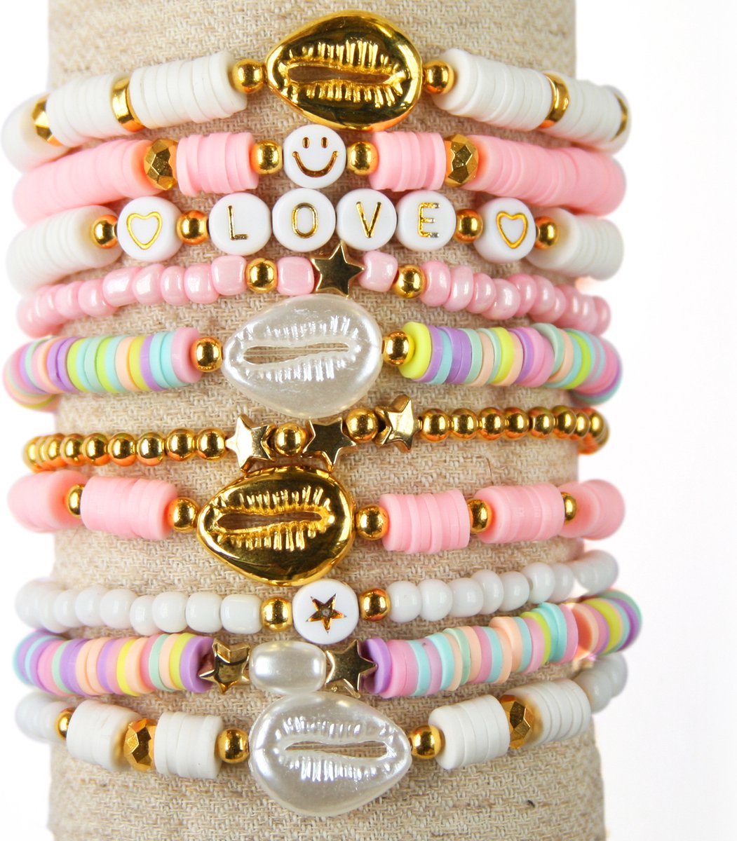 Katsuki kralenpakket voor armbanden – Pastel-mix, Roze en Wit – 4 mm Rocailles Roze en wit – Gouden kraaltjes – Kauri schelpen – Zelf sieraden maken voor kinderen en volwassenen – DIY