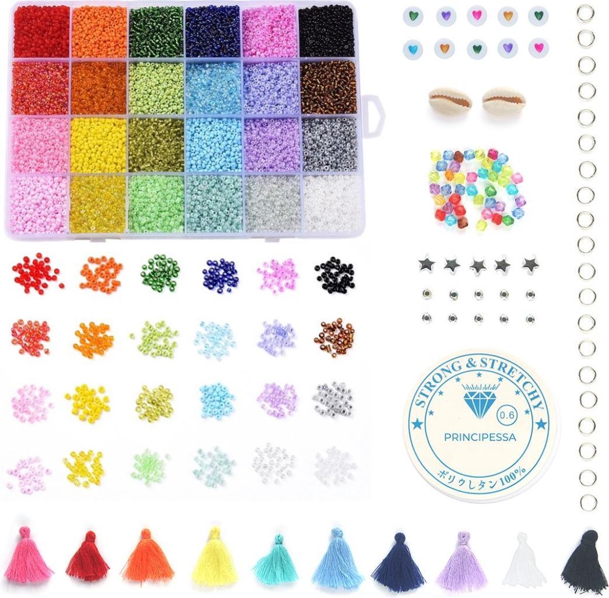 Kralen set – 2mm Rocailles – 24 kleuren – Regenboog – 20.000 kralen + veel extra artikelen – Zelf sieraden maken voor kinderen en volwassenen – DIY