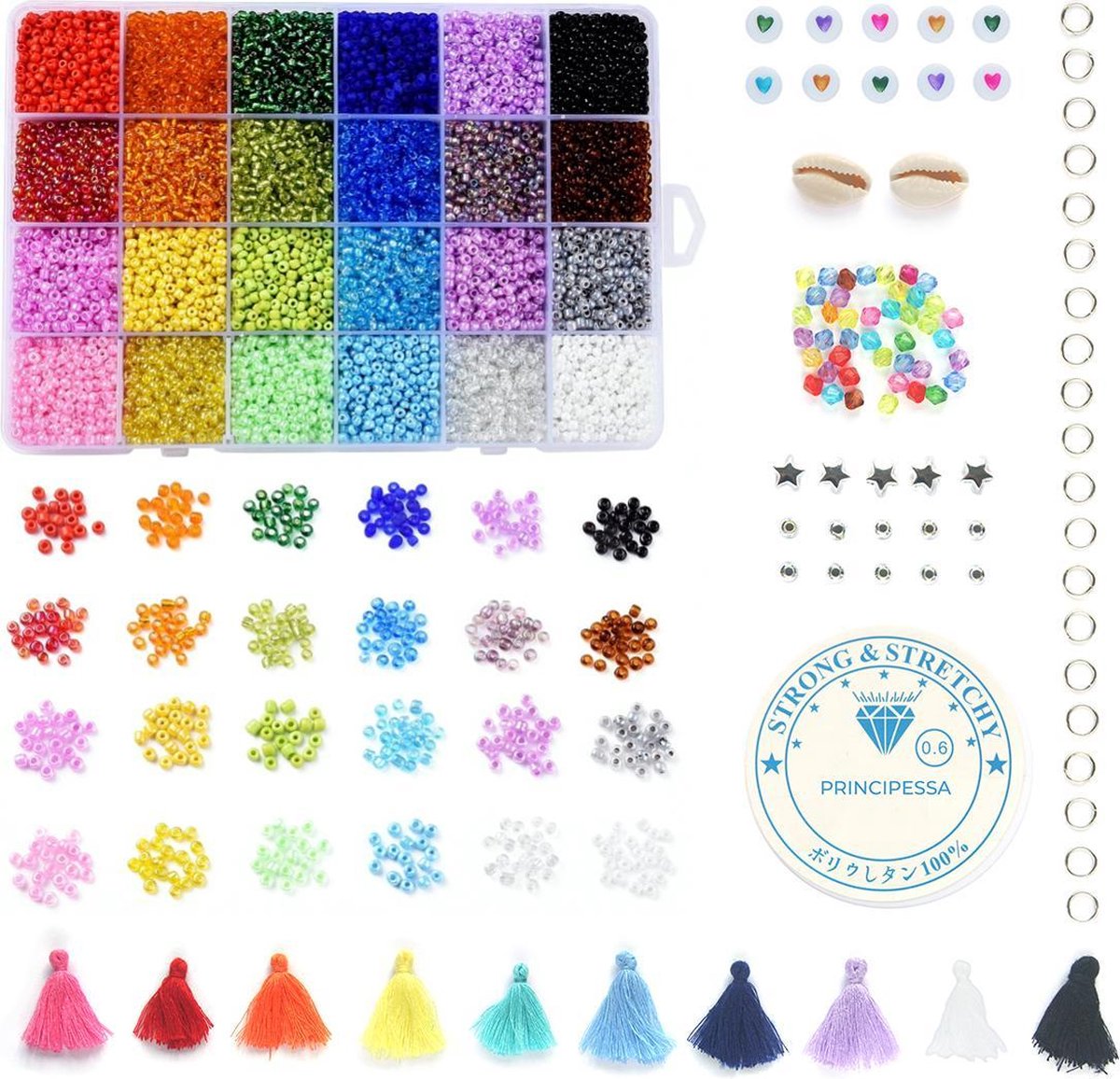 Mega Kralen box – Regenboog 24 kleuren – 3mm Rocailles - 6.500 kralen + veel extra artikelen – Zelf sieraden maken voor kinderen en volwassenen – DIY