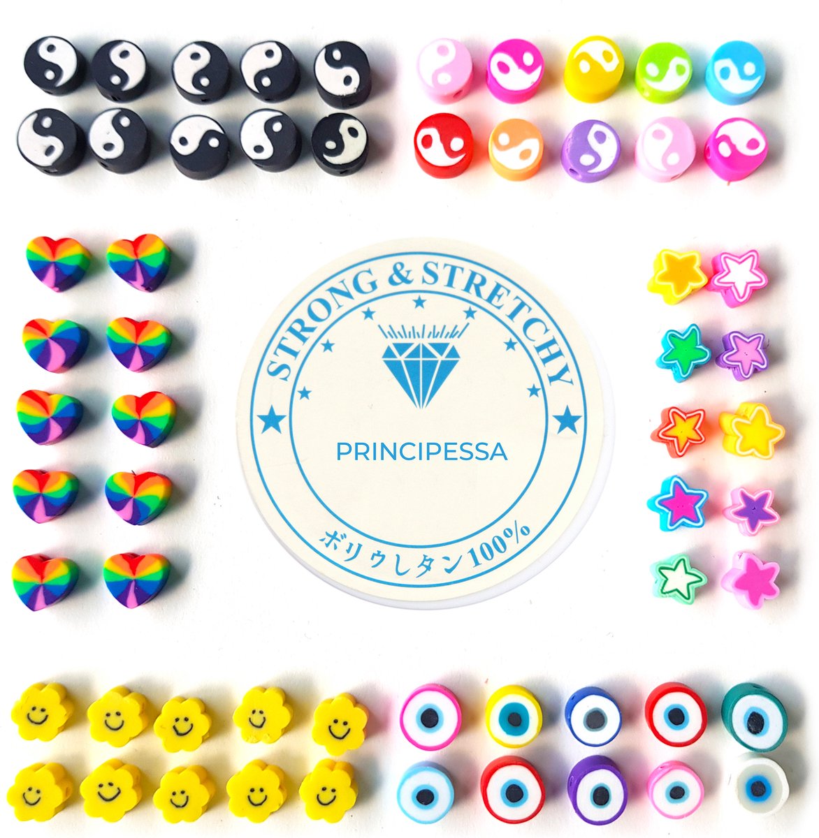 Principessa Polymeer kralenmix – Yin en Yang, Sterretjes, Regenbooghartjes, Smileys en Evil eye – Regenboogkleuren –10mm