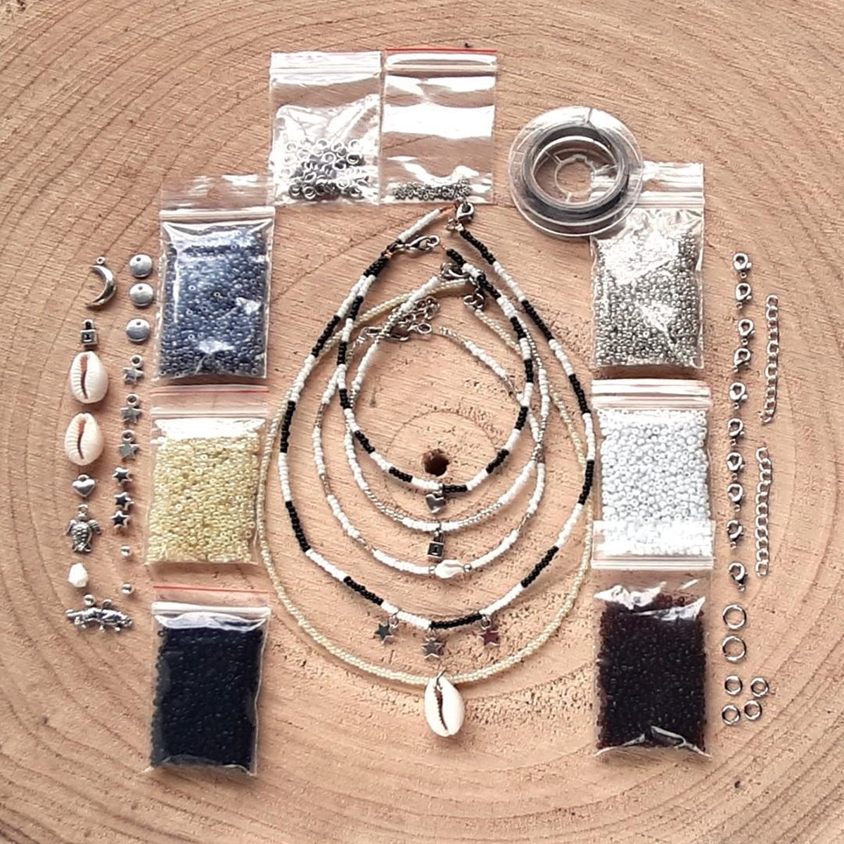 Zelf sieraden maken kralen pakket - Kettingen en enkelbandjes - 2mm kraal met staaldraad - Zwart, wit, grijs, creme, bruin, zilver - Kinderen en volwassen - DIY