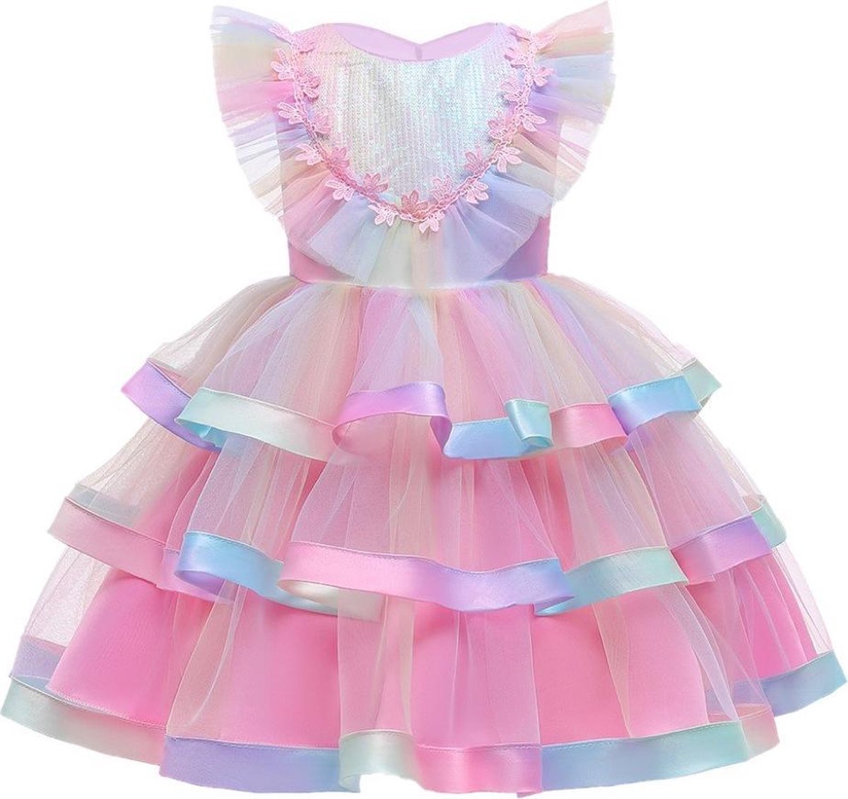 Prinses - Luxe Unicorn jurk - Roze regenboog - Prinsessenjurk - Verkleedkleding - Maat 110/116 (120) 4/5 jaar