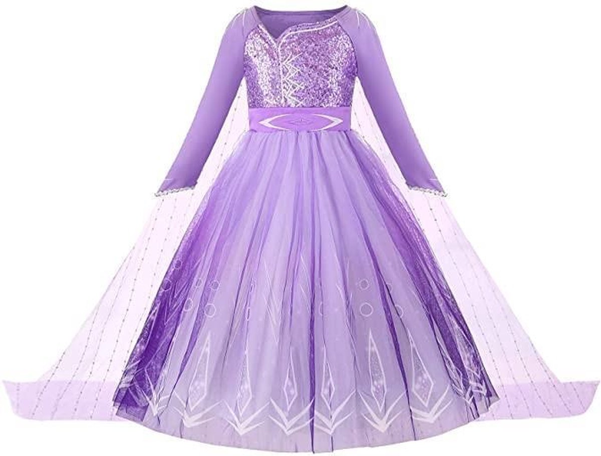 Prinses - Paarse Elsa jurk - Lange mouw - Frozen - Prinsessenjurk - Verkleedkleding - Maat 122/128 (130) 6/7 jaar