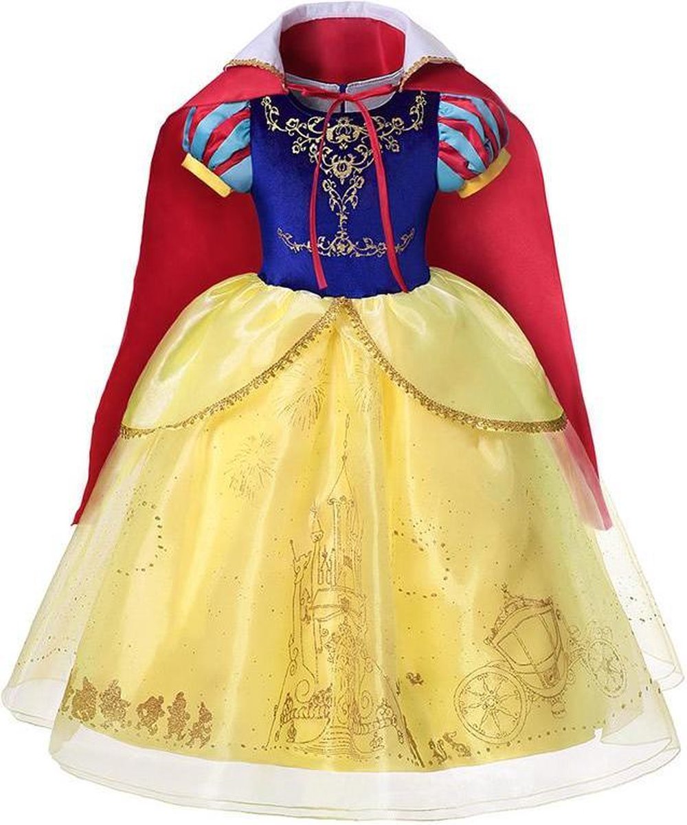 Prinses - Sneeuwwitje jurk incl. cape en haarband(3 delig) - Sneeuwwitje -  Prinsessenjurk - Verkleedkleding - Goud - Maat 98/104 (110) 2/3 jaar