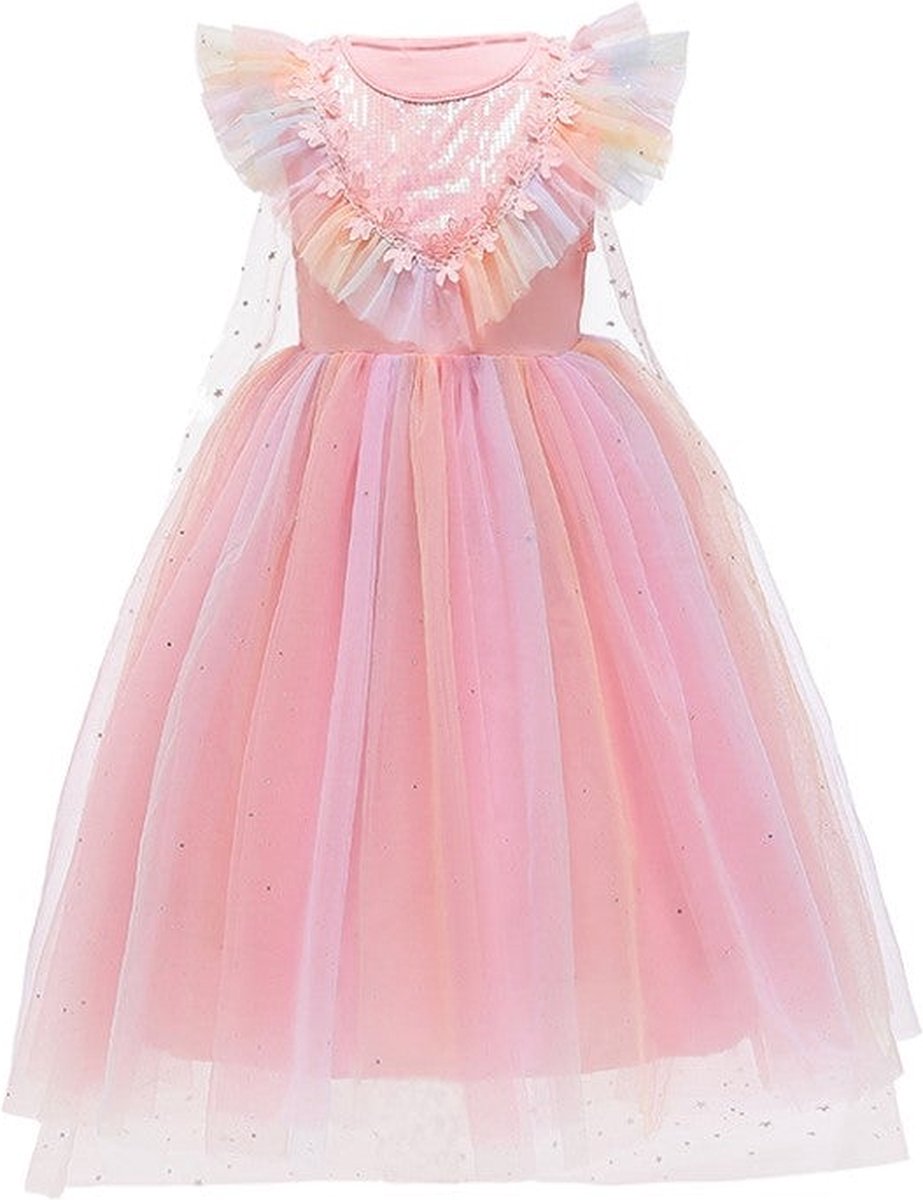 Unicorn - Roze zomerjurk met cape - Prinsessenjurk - Verkleedkleding - Maat 122/128 (130) 6/7 jaar