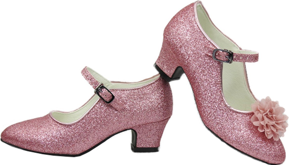 Roze glitter schoenen met hakken + GRATIS bloemclips (maat 31 - 20,5cm)