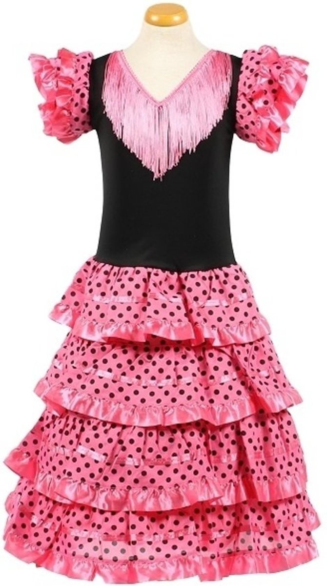 Spaanse jurk -flamenco jurk - roze/zwart - Maat 80/86 (2) - jurklengte 60 cm