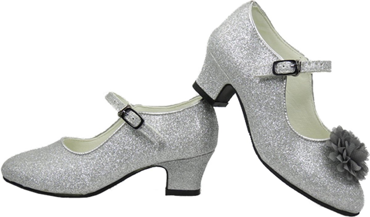 zilver glitter schoenen met hakken + GRATIS bloemclips (maat 25 - 17,5cm)