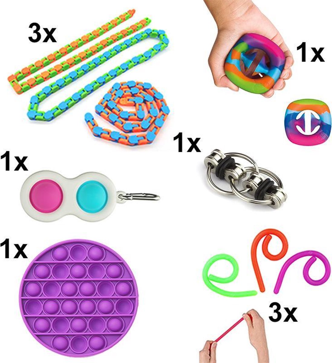   Toys Pakket - Set met 10 verschillende   Toys: Wacky Tracks, Simple Dimple, Pop It  , Flippy Chain, Monkey Noodles, Snapperz Rainbow