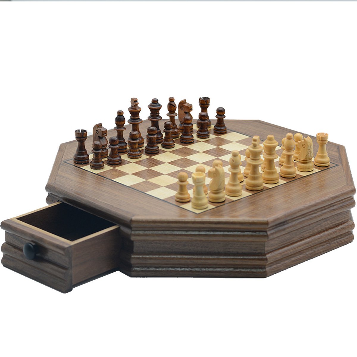 Pro-Care XL Hexagon Super de Luxe Walnoot Handgemaakt Schaakbord - Super Sized 33x33x6cm - Walnoot/Esdoorn - Walnoot Schaakstukken Wit en Zwart in Ingebouwde Laden - Schaken - Schaakspel - Chess