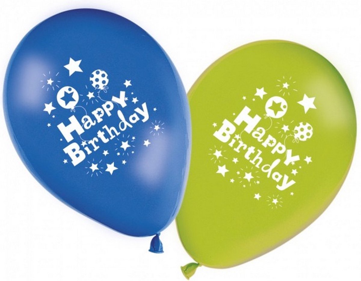 ballonnen Happy Birthday 28 cm latex blauw/groen 8 stuks