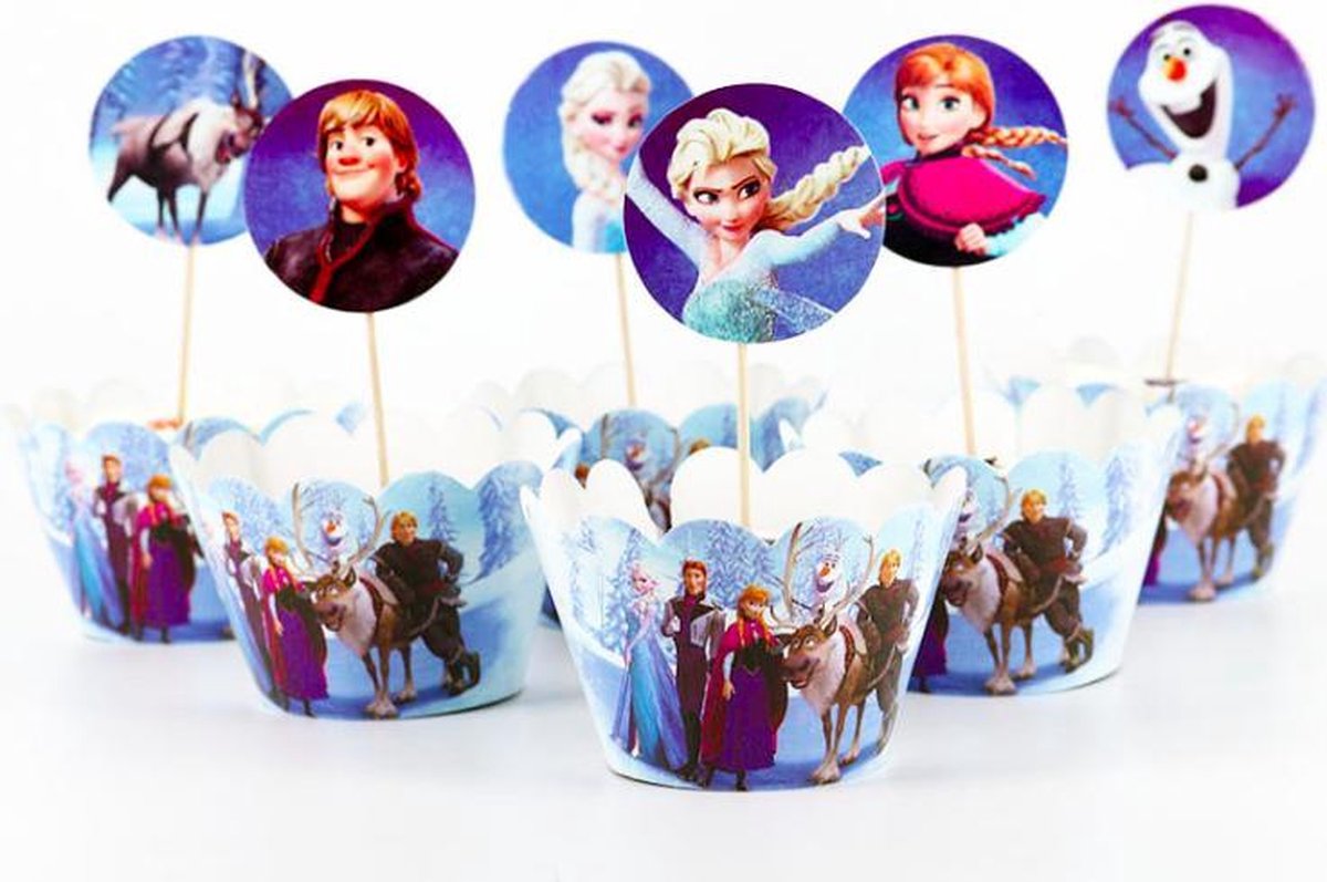 ProductGoods - 12 Stuks Frozen Mini Cupcake Bakjes + 12 Cupcake Frozen Versiering - Kinderen - Kinderfeestje - Party - Taart Decoraties - Verjaardag Decoratie - Happy Birthday - Frozen - mini cupcake vormpjes