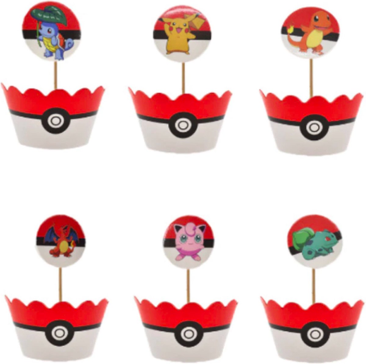 ProductGoods - 12 Stuks Pokemon Go 2 Mini Cupcake Bakjes + 12 Cupcake Pokemon Go Versiering - Kinderen - Kinderfeestje - Party - Taart Decoraties - Verjaardag Decoratie - Happy Birthday - Pokemon - Omslagen - Omslag - mini cupcake vormpjes