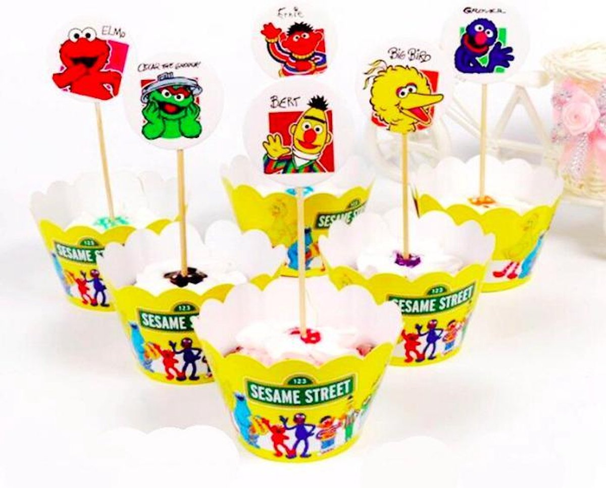 ProductGoods - 12 Stuks Sesamstraat Mini Cupcake Bakjes + 12 Cupcake Sesamstraat Versiering - Kinderen - Kinderfeestje - Party - Taart Decoraties - Verjaardag Decoratie - Happy Birthday - Sesamstraat - Omslagen - Omslag