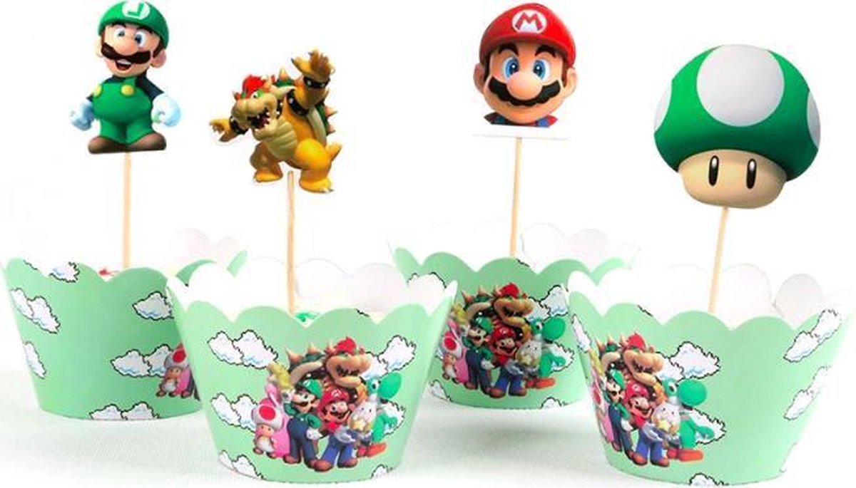 ProductGoods - 12 Stuks Super Mario Bros Mini Cupcake Bakjes + 12 Cupcake Super Mario Bros Versiering  - Kinderen - Kinderfeestje - Party - Taart Decoraties - Verjaardag Decoratie - Happy Birthday  - Mario