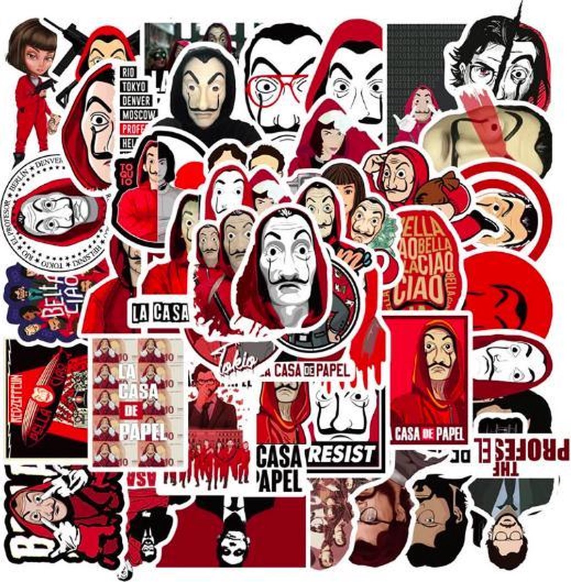 ProductGoods - 50 Stuks La Casa De Papel Stickers - Muur Decoratie - Koffer Decoratie - Laptop Decoratie - Koelkast Decoratie - Stickervellen - La Casa De Papel