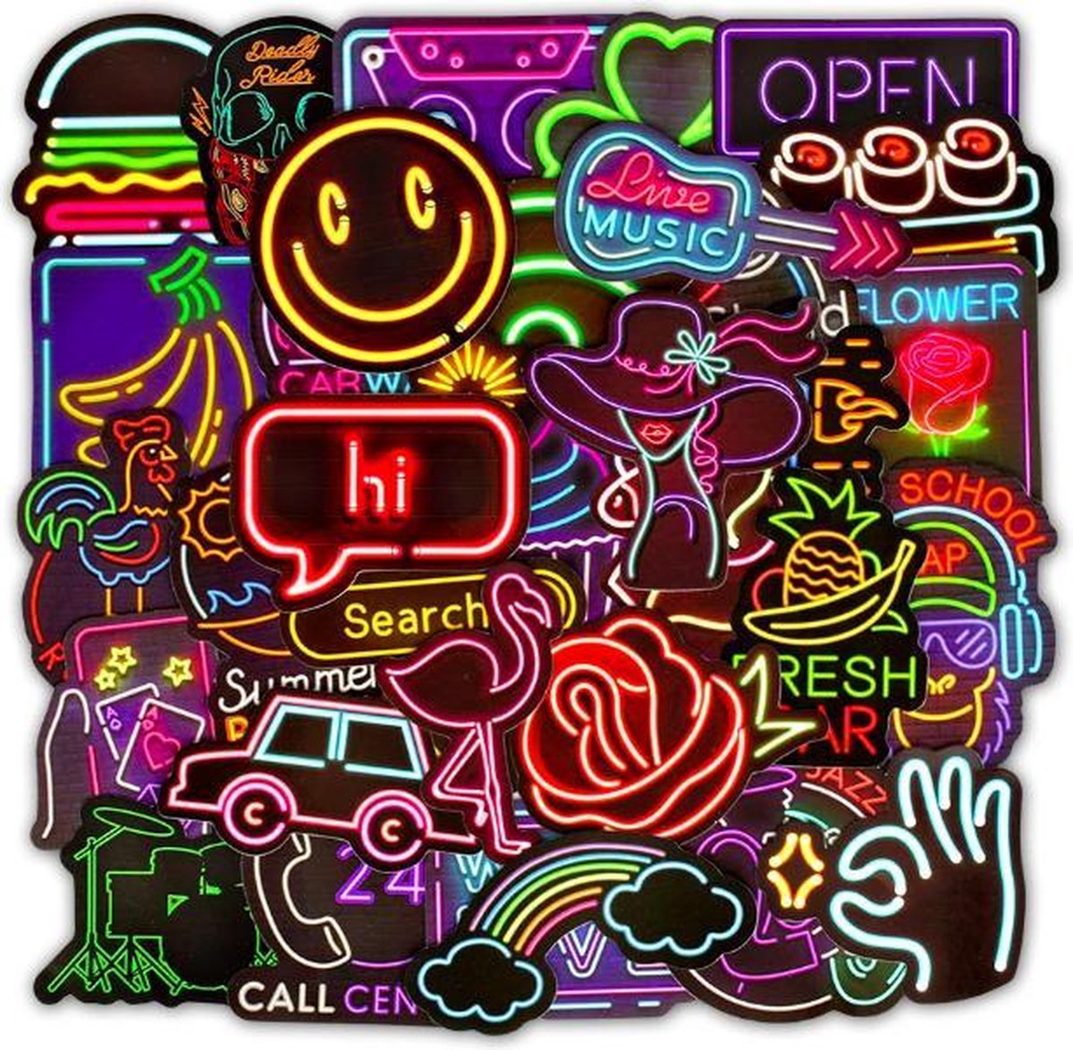 ProductGoods - 50 Stuks Neon Stickers - Muur Decoratie - Koffer Decoratie - Laptop Decoratie - Koelkast Decoratie - Stickervellen - Glow in the dark