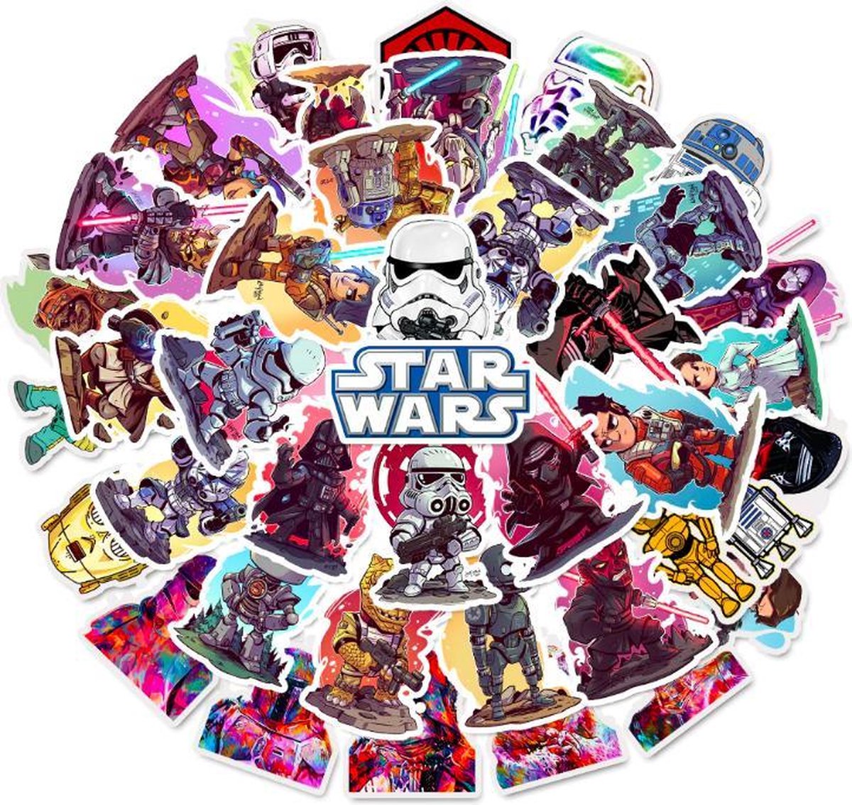 ProductGoods - 50 Stuks StarWars Stickers - Muur Decoratie - Koffer Decoratie - Laptop Decoratie - Koelkast Decoratie - Stickervellen - Star Wars