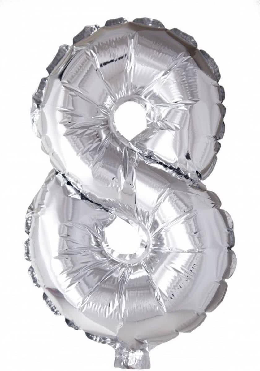 Folie Ballon Cijfer 8 Zilver 41cm met rietje
