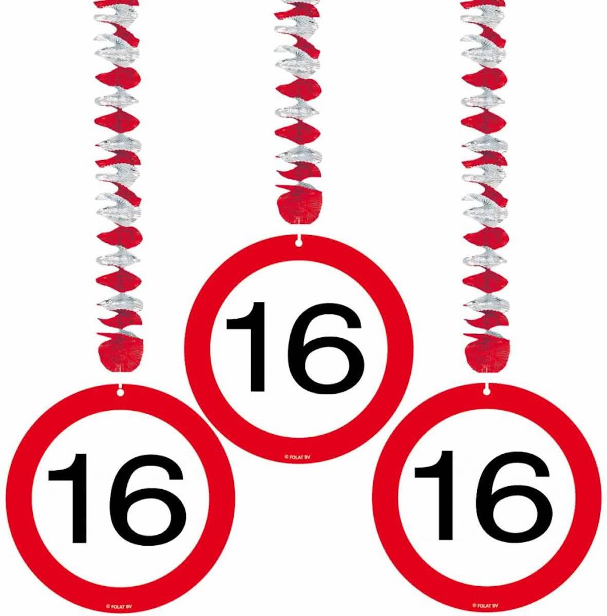 Hangdecoratie 16 Jaar Verkeersbord 75cm 3 stuks