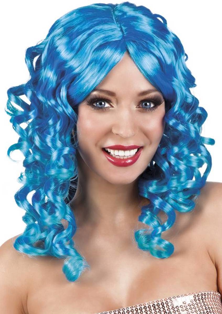 Pruik Half Lang Haar Krul Blauw