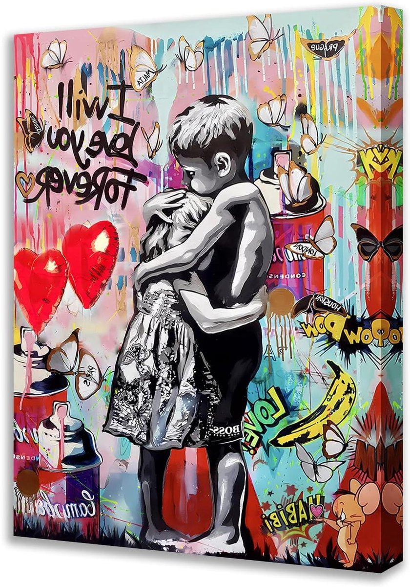 Provento - Graffiti-afbeeldingen voor de woonkamer - Canvas met kleurrijke pop-muurkunst - Modern kunstwerk met kleine jongen en meisje - Straatschilderijen - Woondecoratie inlijsting - Gespannen - Klaar om op te hangen