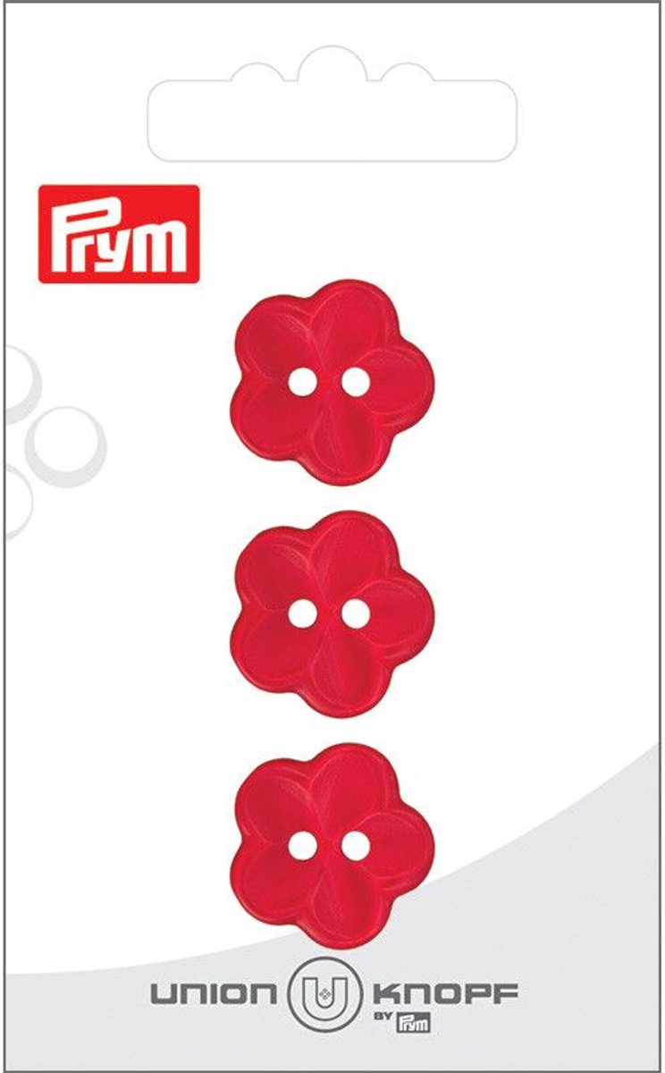   Fournituren - Knopen en sluitingen -   bloem 2 gaatjes 18mm rood 3st - Fournituren elastieken band - Rood - 1 kaart