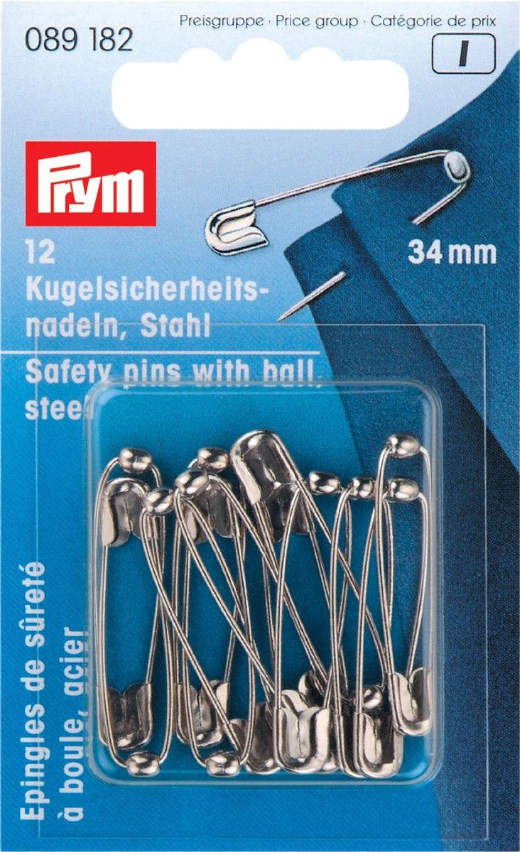   Fournituren - Naalden en  en - Veiligheidsspelden met kogel staal No. 1 zilverkleurig 34 mm 12 st. - Fournituren elastieken band - Zilverkleurig - 1 kaart