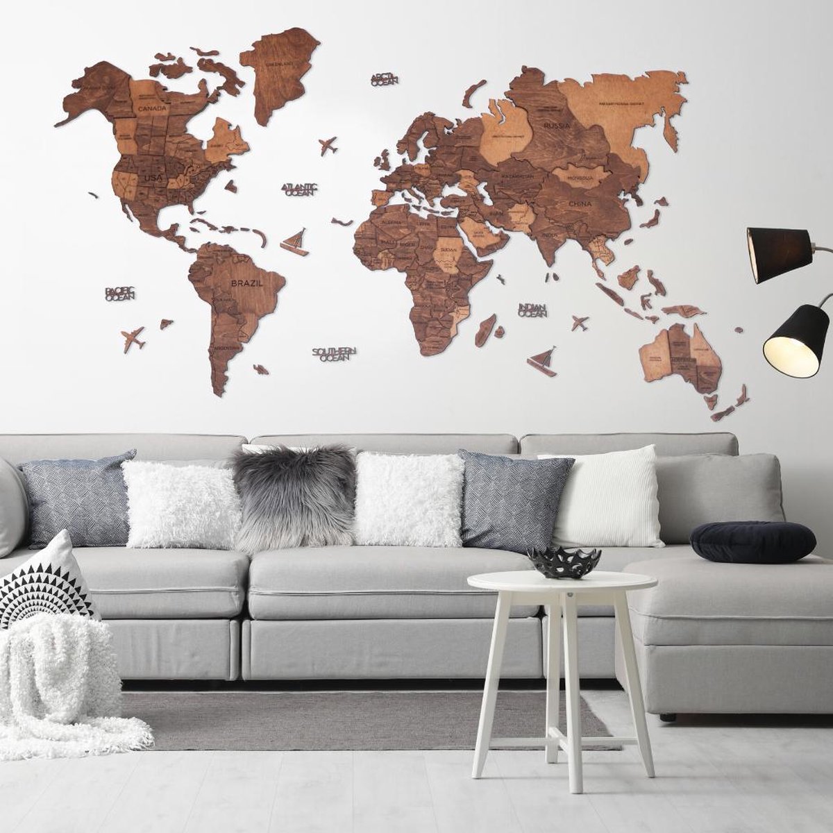 3D Houten Wereldkaart Eiken L (150x90 cm) Premium Wanddecoratie Design Wereld Kaart Echt Hout