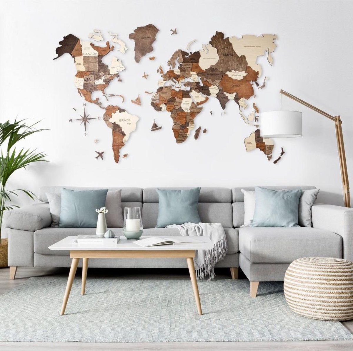 3D Houten Wereldkaart Multi XL (200x120 cm) Premium Wanddecoratie Design Wereld Kaart Echt Hout