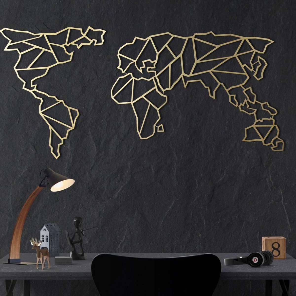 Metalen wanddecoratie World Map Abstract Goud (wereldkaart) - 170x85cm