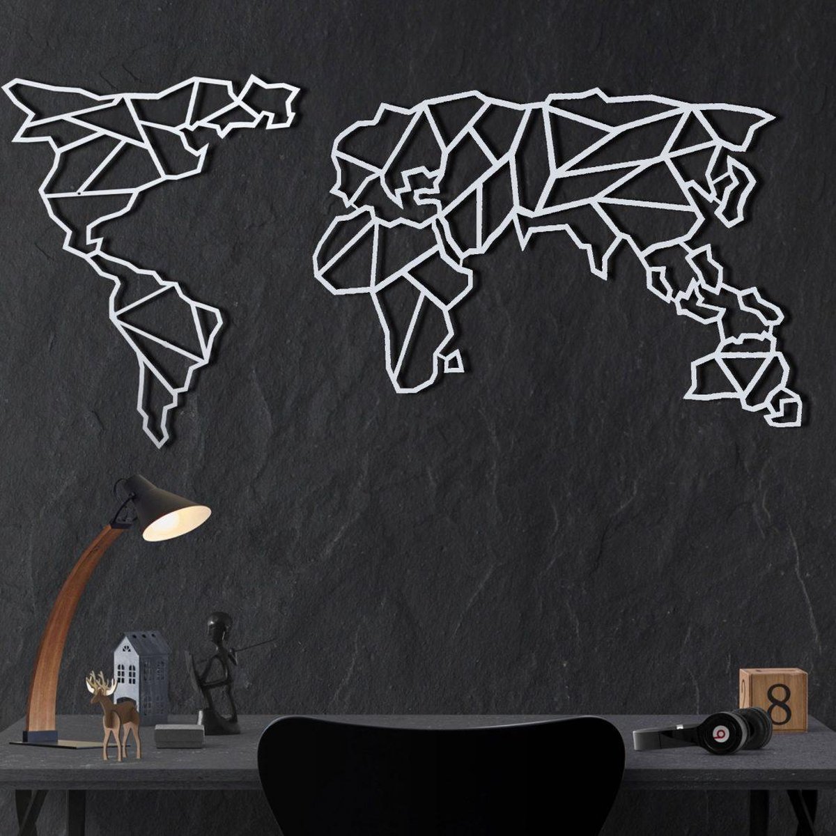 Metalen wanddecoratie World Map Abstract Wit (wereldkaart) - 120x60cm