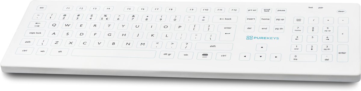 Purekeys full size wireless hygiënisch medisch toetsenbord wit